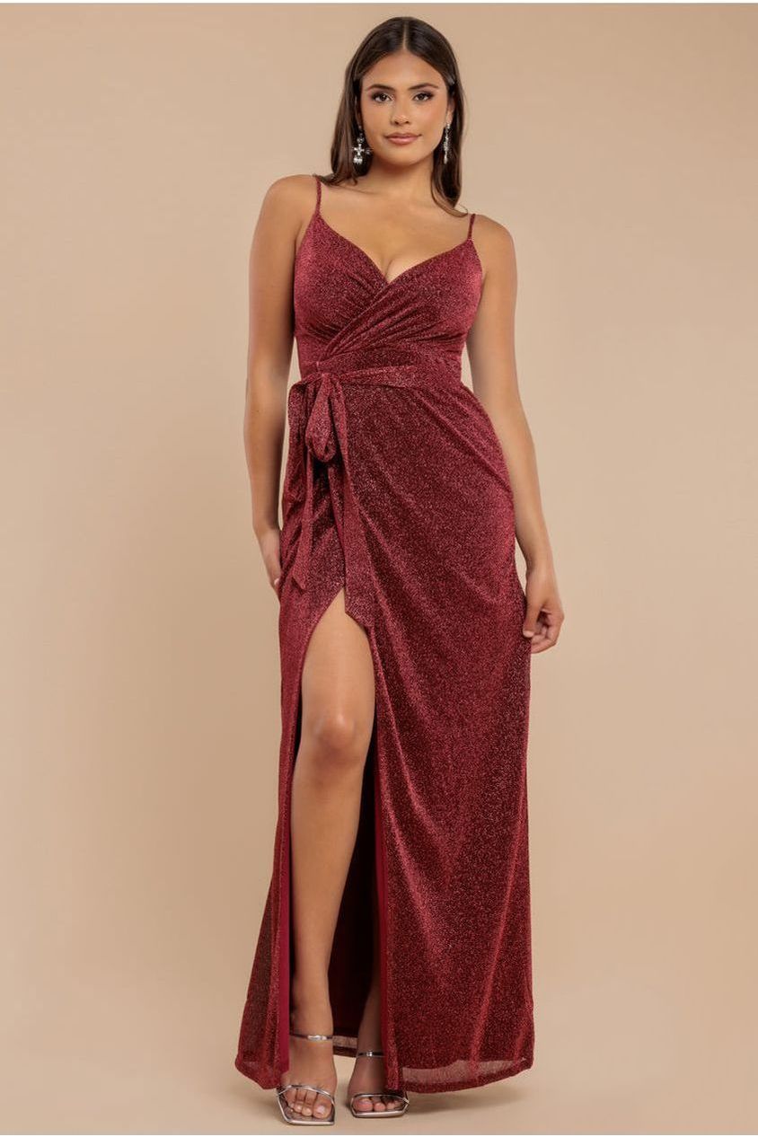 Wrap Style Spaghetti Strap Maxi With Split - Wine DR3137A