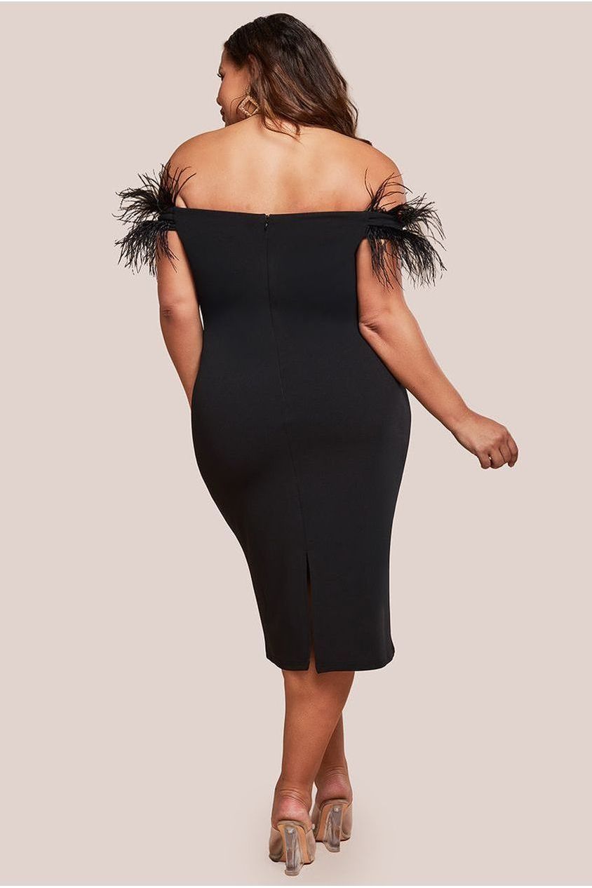 Off The Shoulder Feather Midi Dress - Black DR3200P