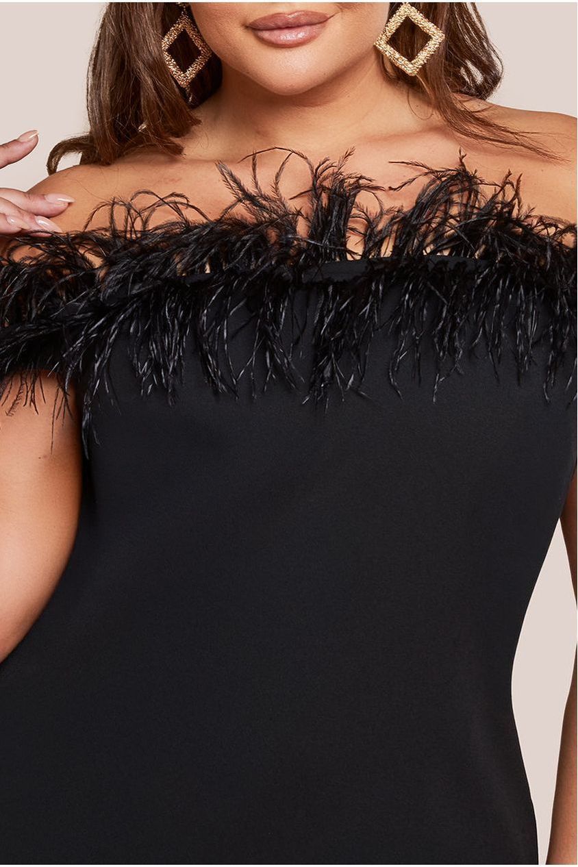 Off The Shoulder Feather Midi Dress - Black DR3200P