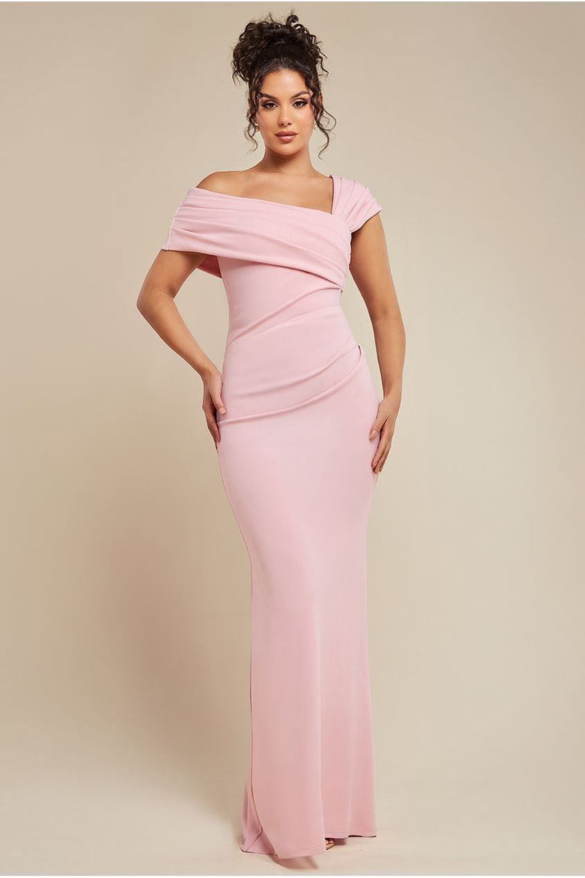One Shoulder Scuba Crepe Evening Maxi Dress - Blush Pink DR3231