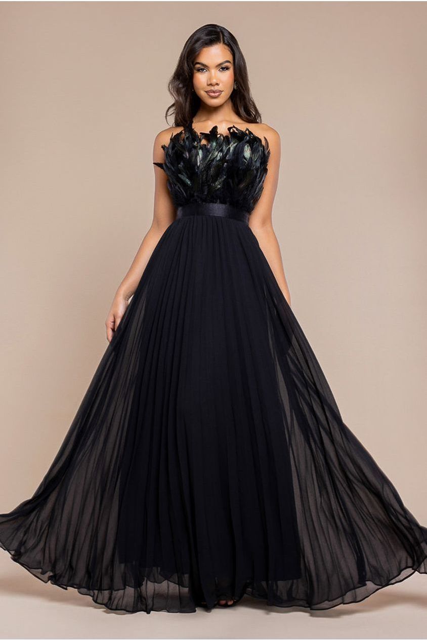 Feather Off The Shoulder Pleated Evening Maxi Dress - Black DR3233