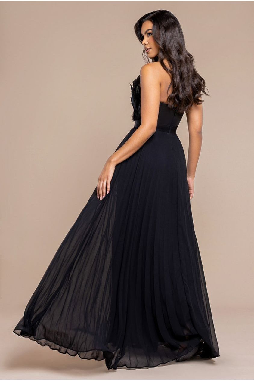 Feather Off The Shoulder Pleated Evening Maxi Dress - Black DR3233