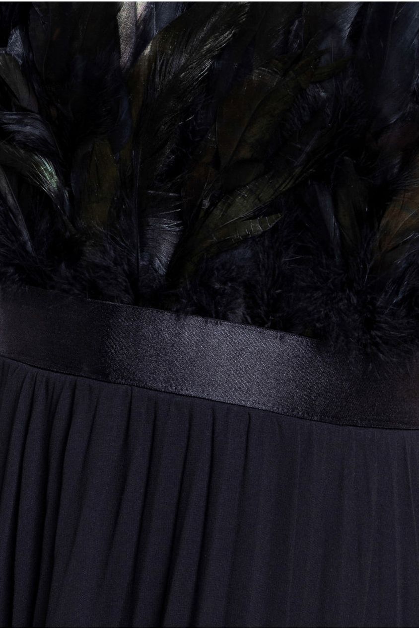 Feather Off The Shoulder Pleated Evening Maxi Dress - Black DR3233