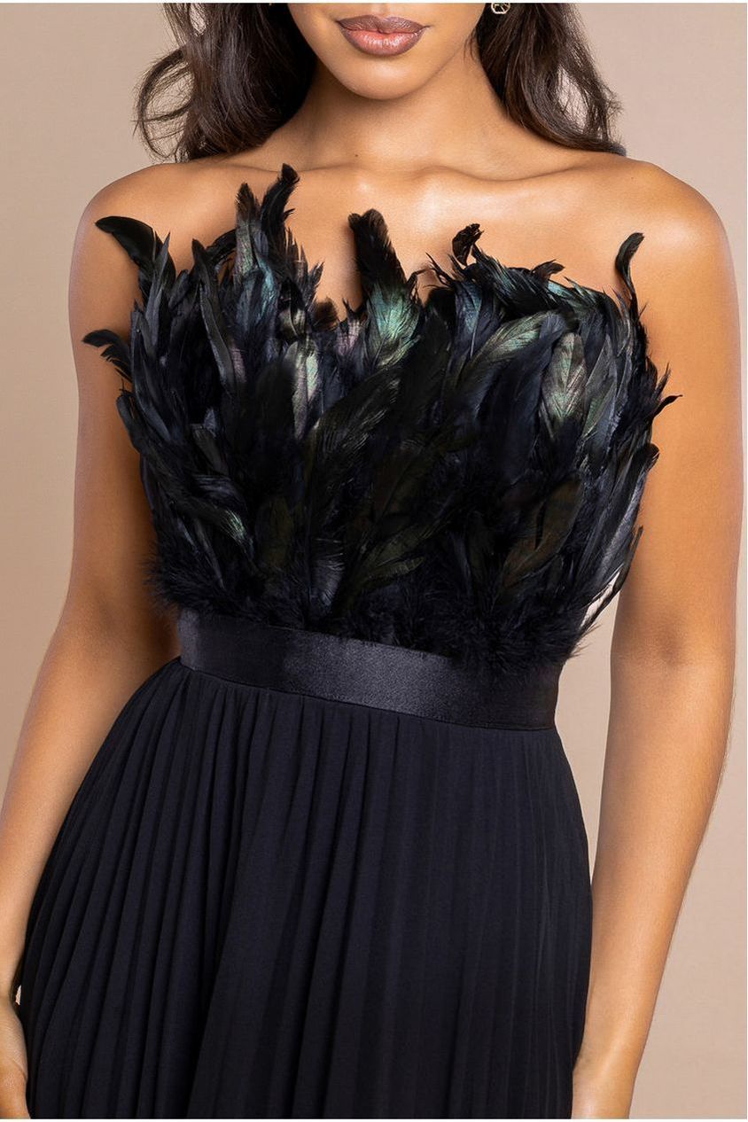 Feather Off The Shoulder Pleated Evening Maxi Dress - Black DR3233