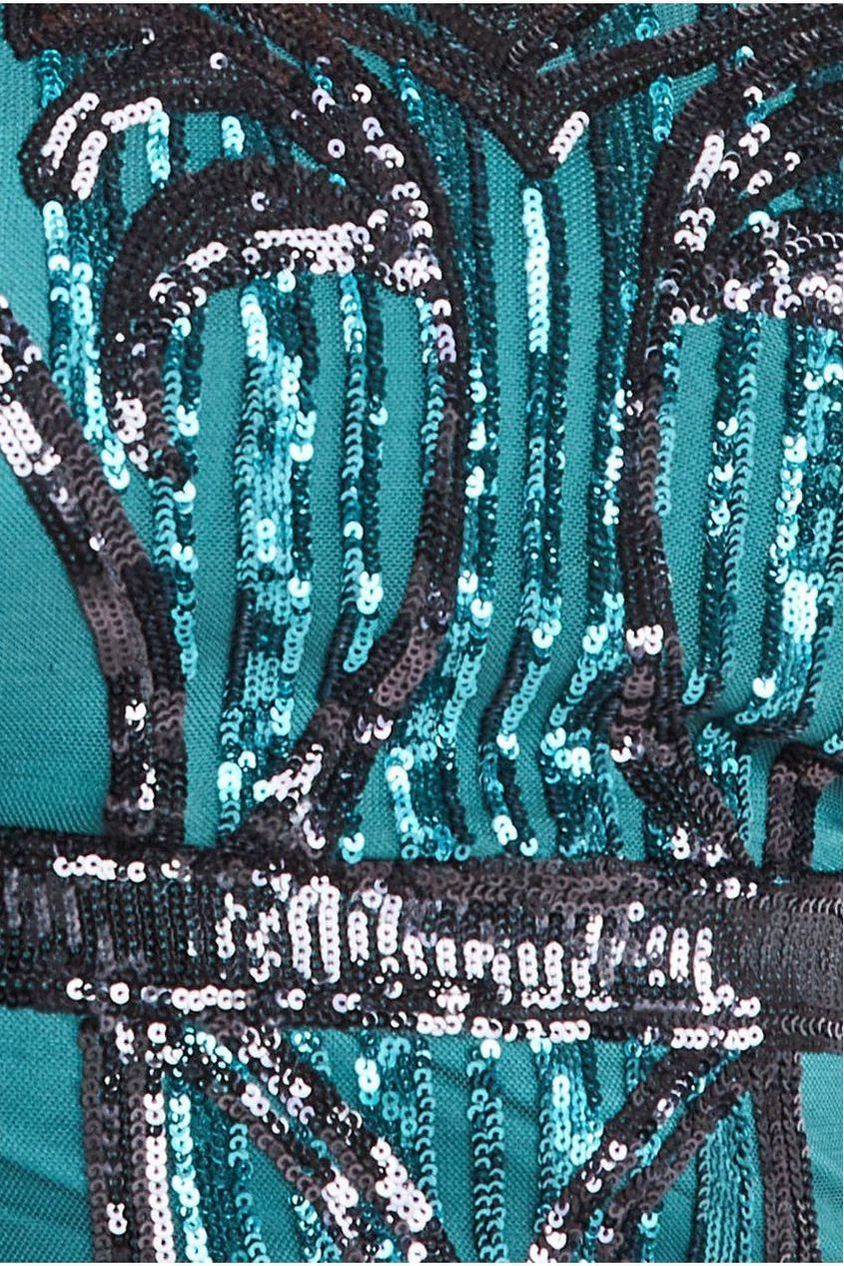 Sequin Mesh V Neck Midi Dress - Emerald DR3234P