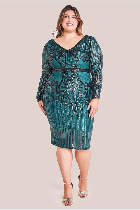 Sequin Mesh V Neck Midi Dress - Emerald by Goddiva Plus