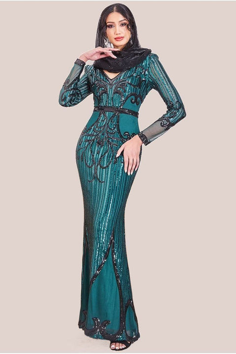 Modesty Sequin & Mesh Maxi Dress - Emerald by Goddiva