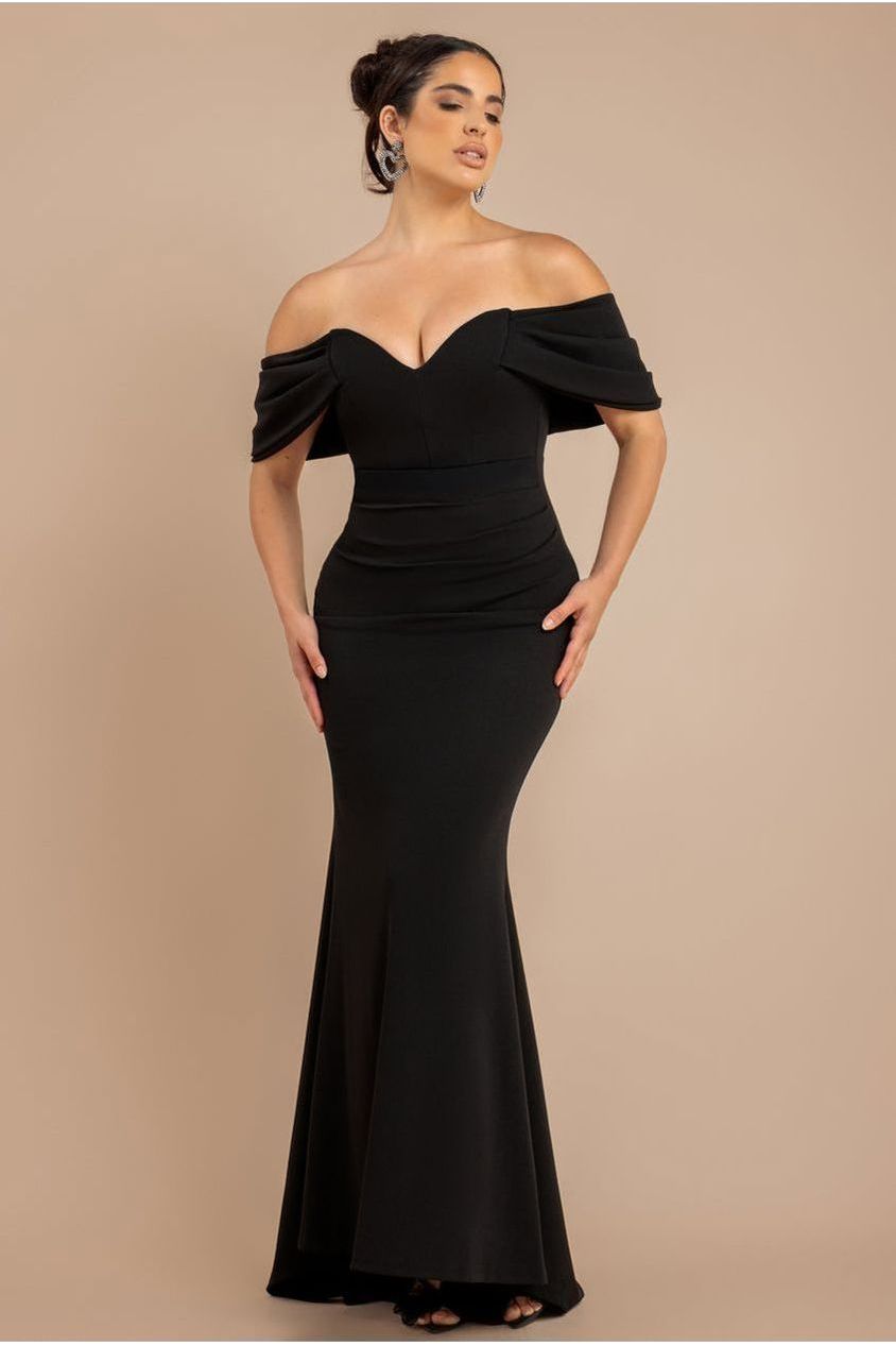 Off The Shoulder Draped Sleeve Maxi Dress - Black DR3259