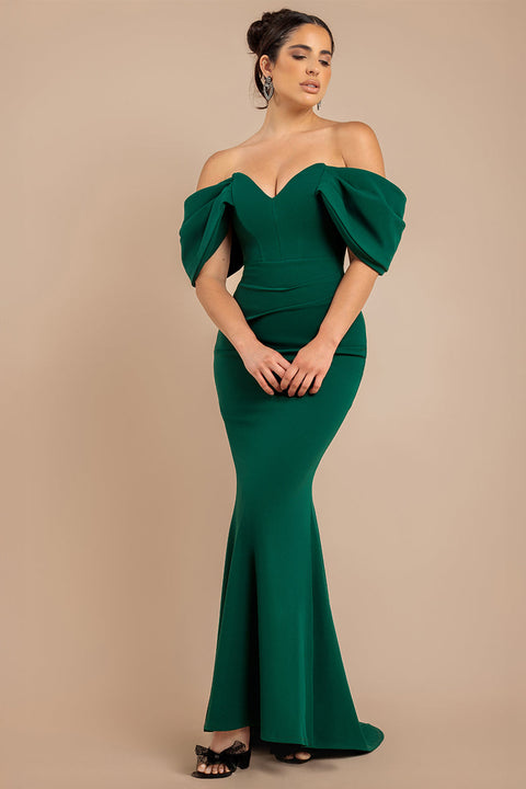 Off The Shoulder Draped Sleeve Maxi Dress - Emerald Green by Goddiva