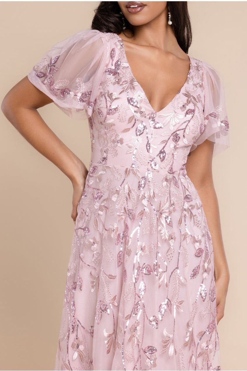 Flared Sleeve Embroidered Maxi Dress - Blush Pink DR3279A