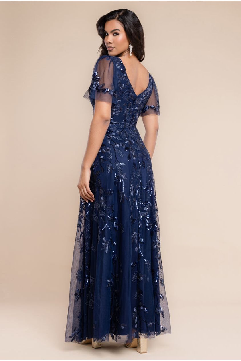 Flared Sleeve Embroidered Maxi Dress - Navy Blue DR3279A