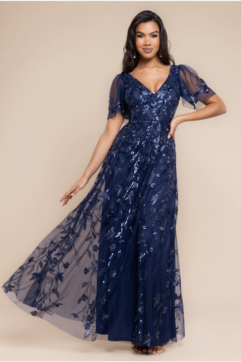 Flared Sleeve Embroidered Maxi Dress - Navy Blue DR3279A
