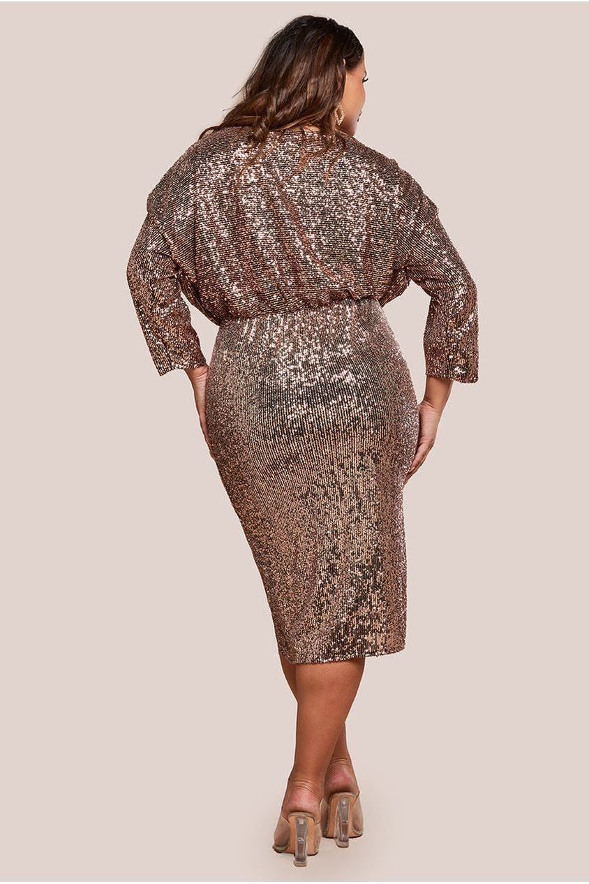 Sequin Cowl Neck Midi Dress - Champagne DR3321P