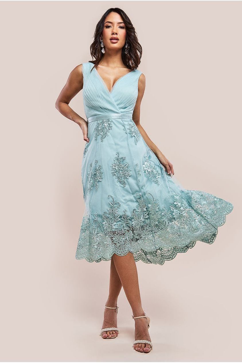 Pleated Satin Bodice High And Low Dress - Sage Green DR3337QZ