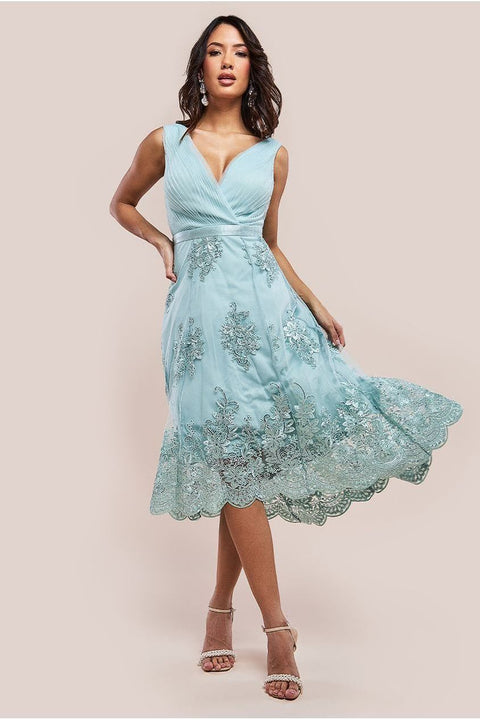 Pleated Satin Bodice High And Low Dress - Sage Green by Goddiva