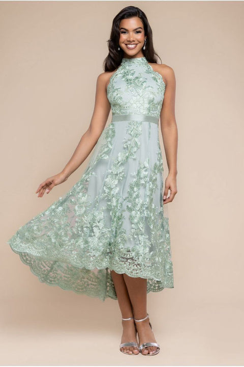 Halter Neck Lace High And Low Dress - Sage Green by Goddiva