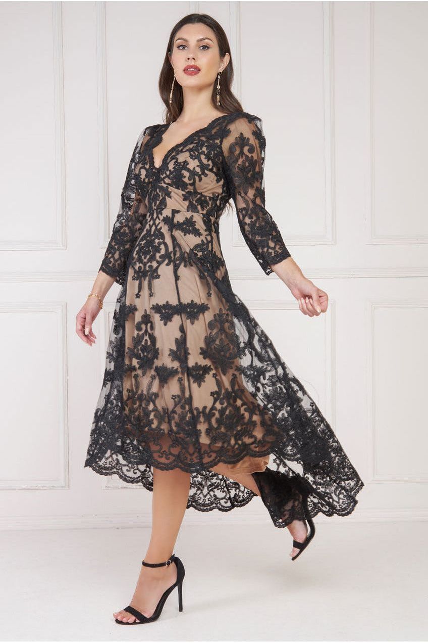 Scalloped Lace Dipped Hem Midi Dress - Black DR3347
