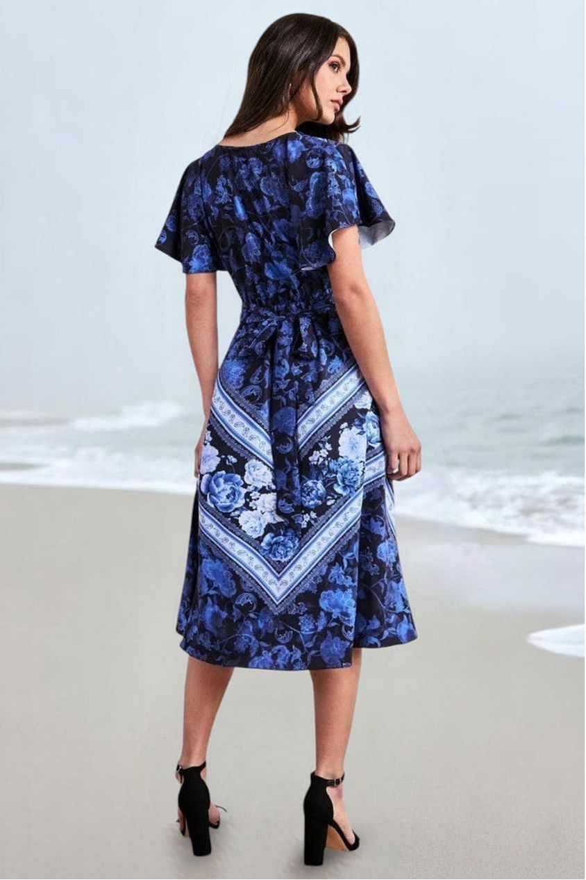 Flutter Sleeve Wrap Style Midi Dress - Navy DR3432