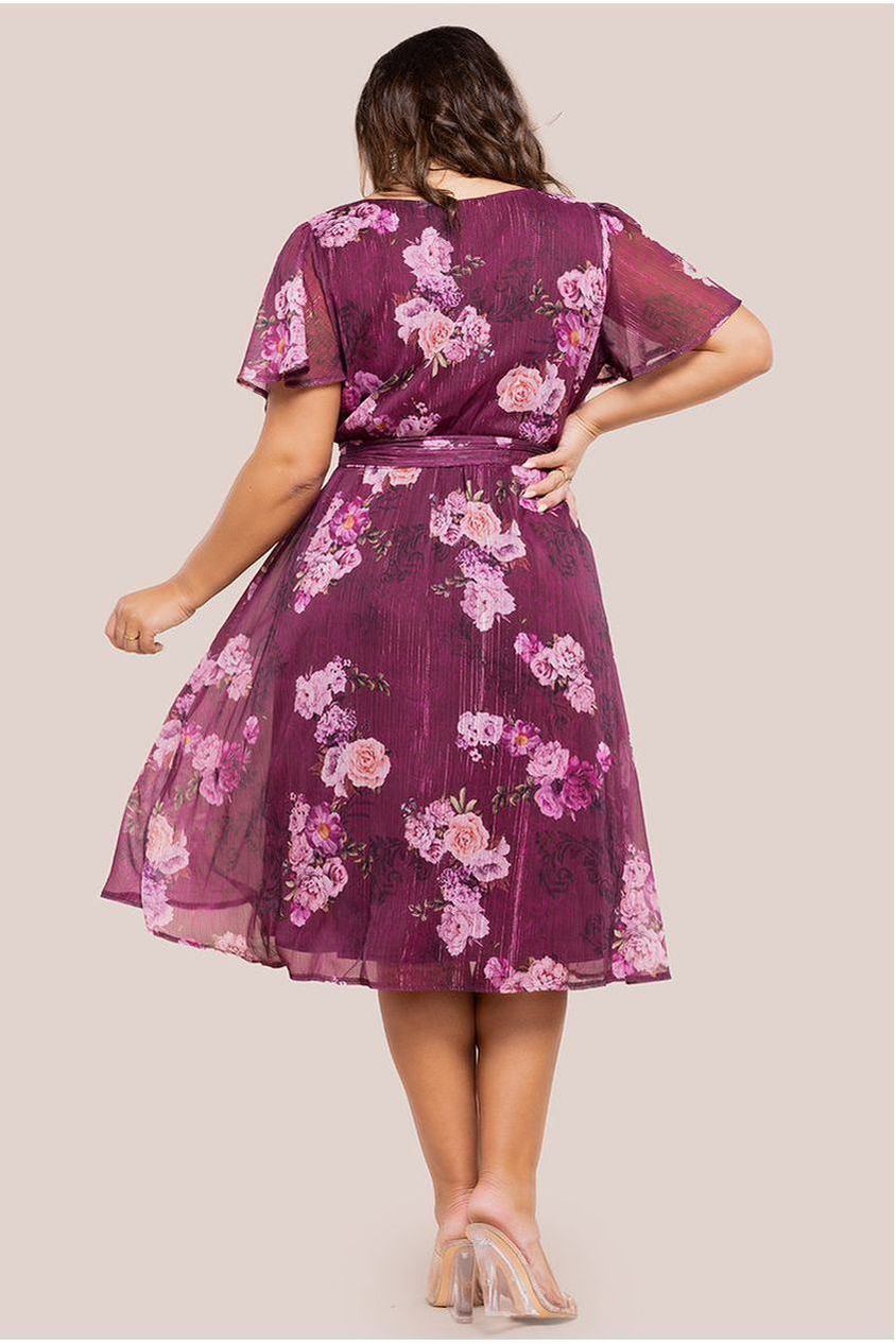 Floral Print Wrap Chiffon Midi Dress - Berry Floral DR3435PQZ