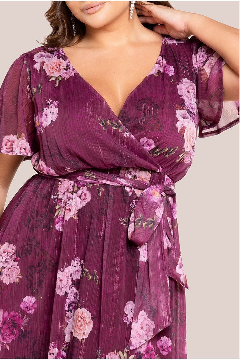 Floral Print Wrap Chiffon Midi Dress - Berry Floral DR3435PQZ