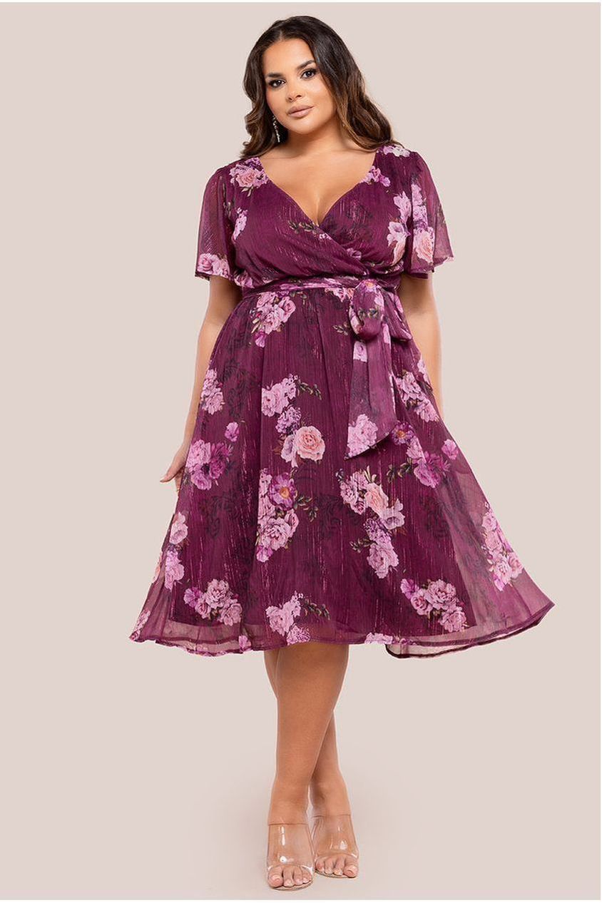 Floral Print Wrap Chiffon Midi Dress - Berry Floral DR3435PQZ