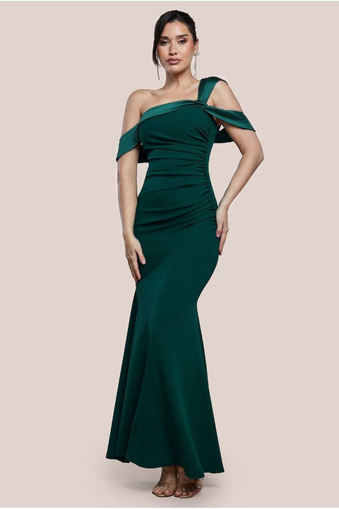 One Shoulder Satin Band Maxi Dress - Emerald Green by Goddiva