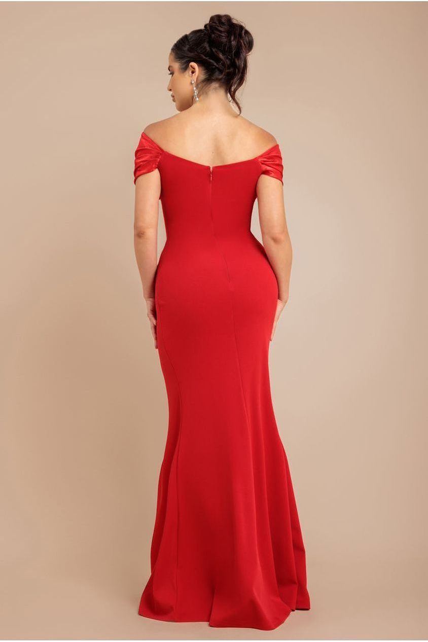 Satin & Scuba Off The Shoulder Maxi Dress - Red DR3460QZ
