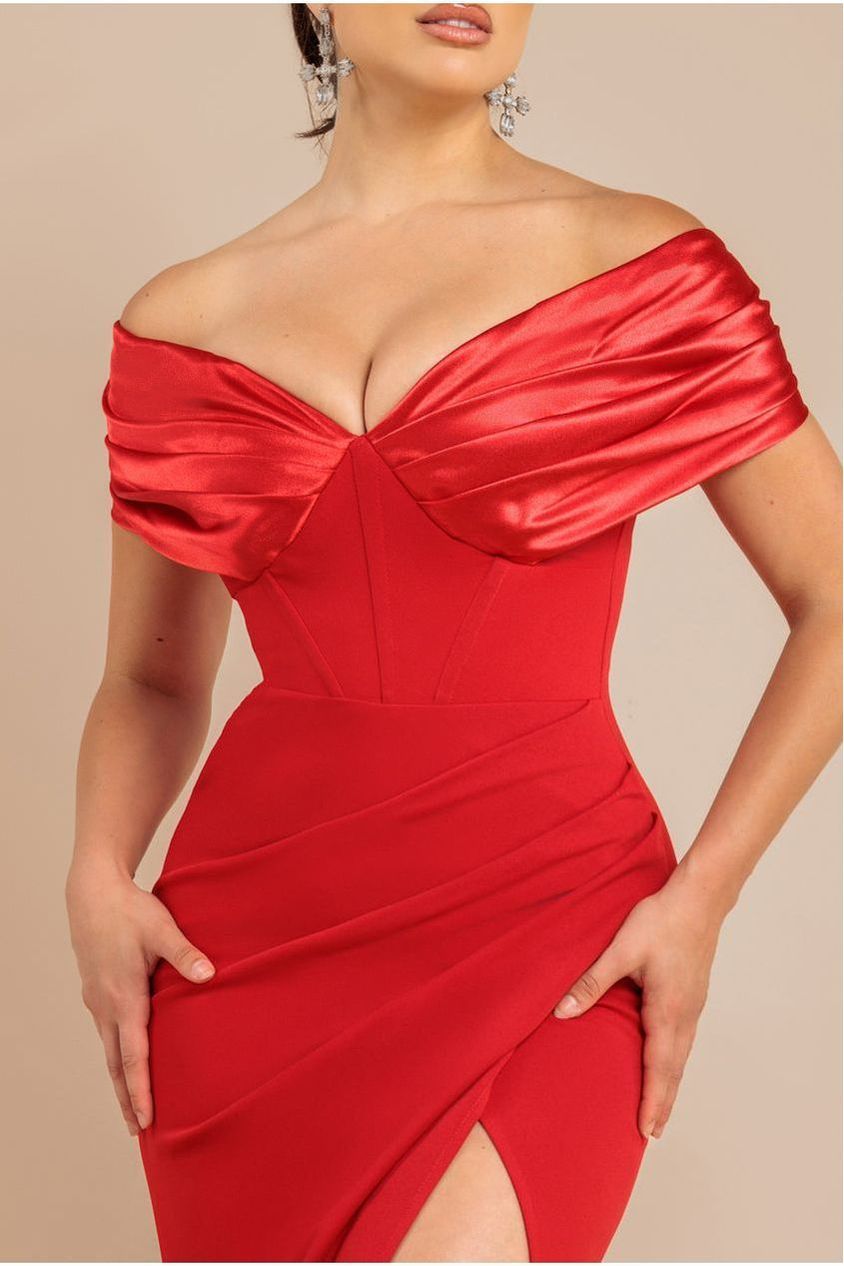Satin & Scuba Off The Shoulder Maxi Dress - Red DR3460QZ