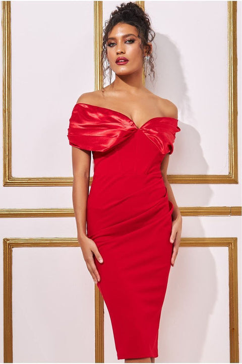Satin & Scuba Off The Shoulder Midi Dress - Red by Goddiva