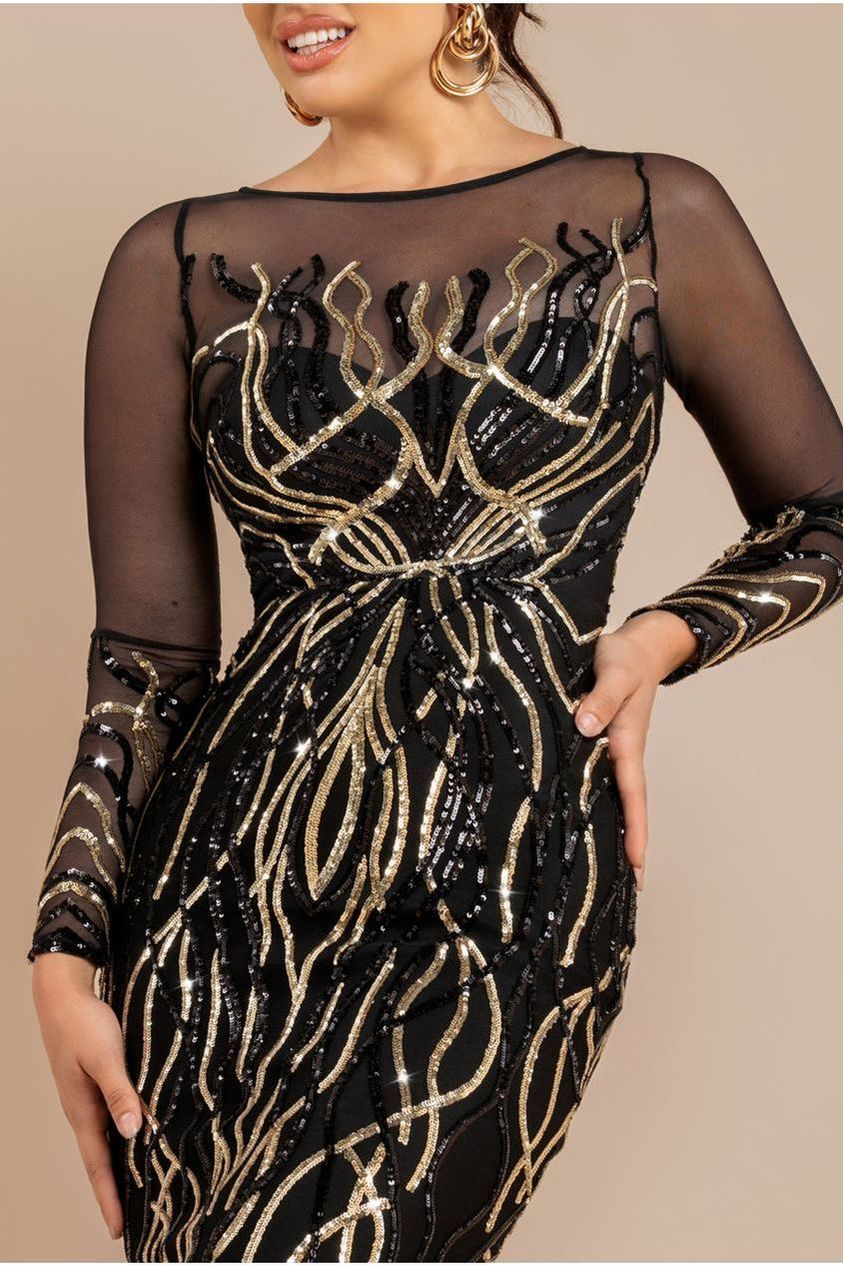 Long Sleeve Sequin Flame Maxi - Gold DR3486