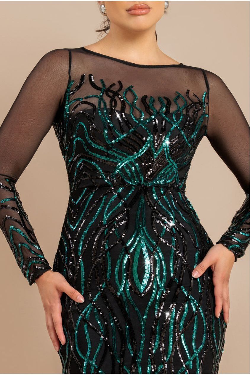 Long Sleeve Sequin Flame Maxi - Emerald Green DR3486