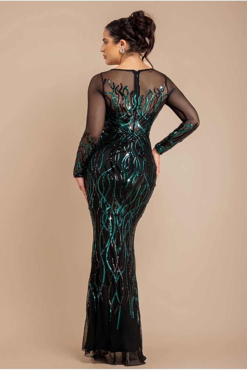 Long Sleeve Sequin Flame Maxi - Emerald Green DR3486