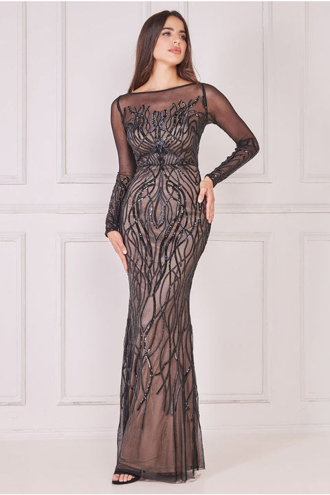 Long Sleeve Sequin Flame Maxi - Solid Black by Goddiva