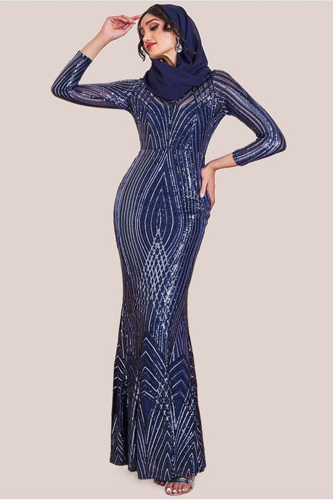 Modesty Two Toned Sequin Maxi - Navy by Goddiva