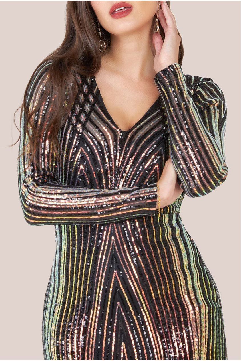 Two Toned V Neck Sequin Maxi - Black DR3494