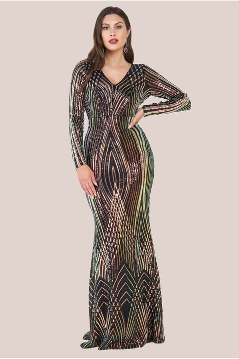 Two Toned V Neck Sequin Maxi - Black by Goddiva