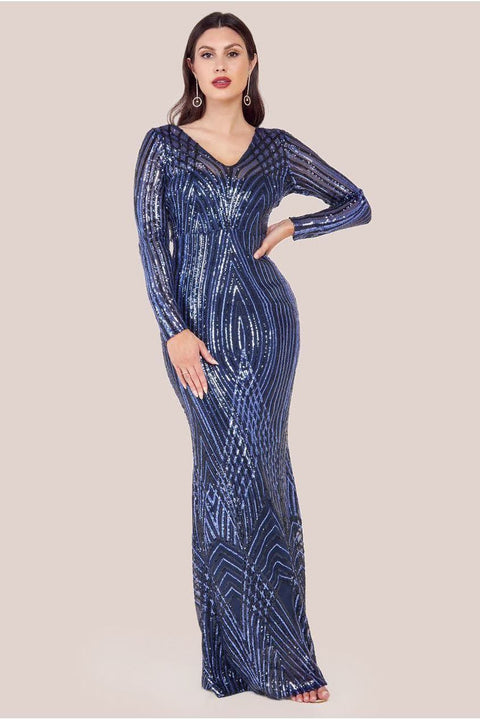 Two Toned V Neck Sequin Maxi - Navy by Goddiva