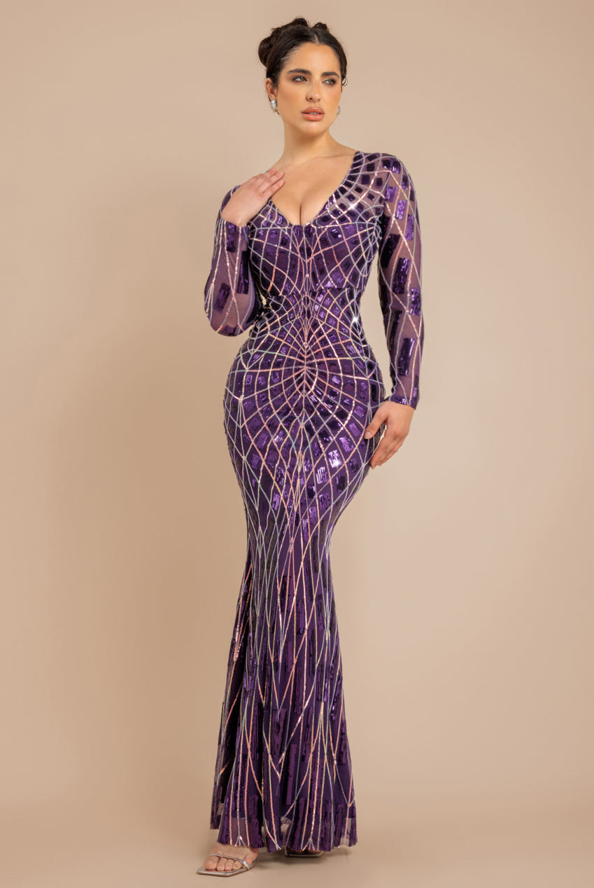 Geo Sequin Long Sleeve Maxi Dress - Purple DR3495