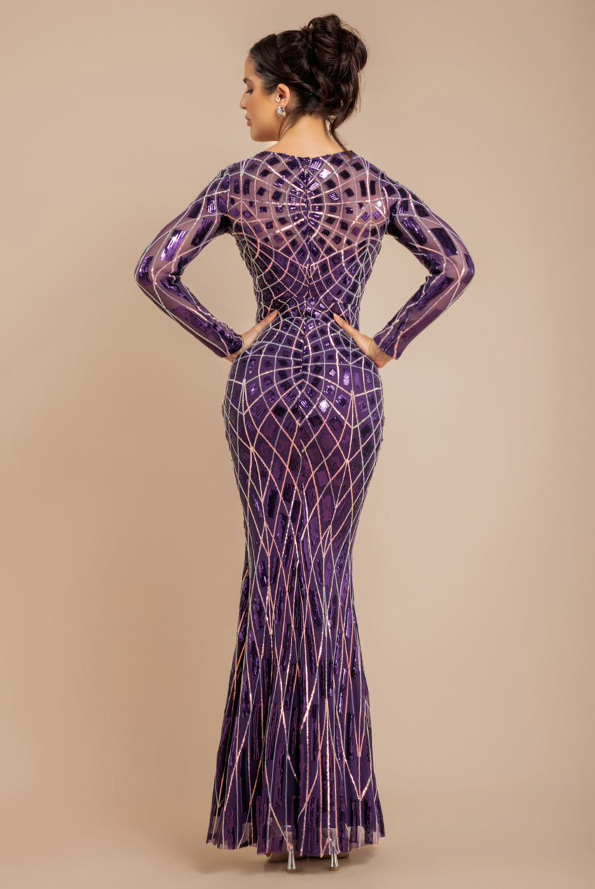 Geo Sequin Long Sleeve Maxi Dress - Purple DR3495