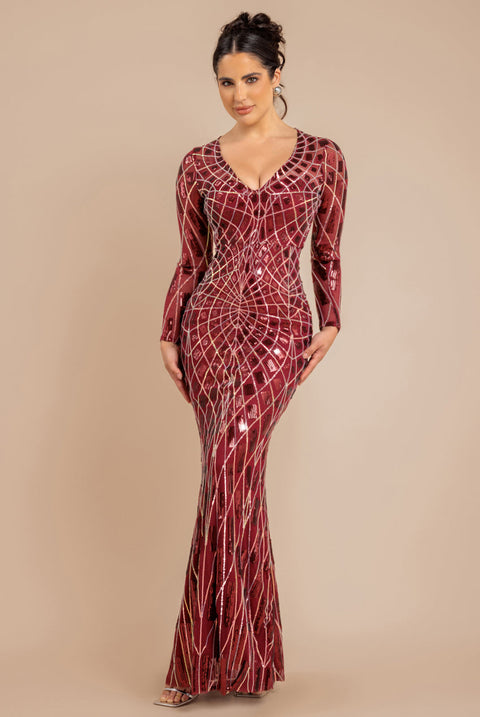 Geo Sequin Long Sleeve Maxi Dress - Wine by Goddiva