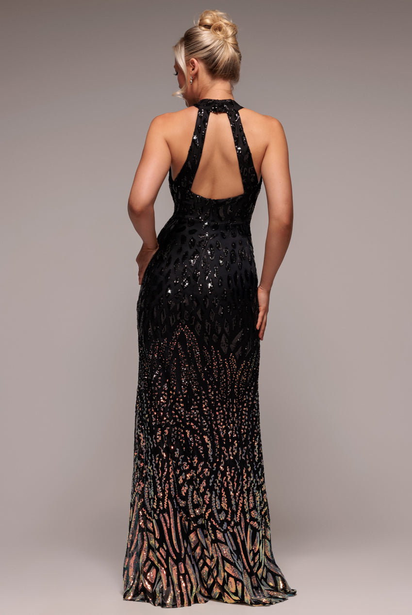 Ombre Sequin Halter Maxi With Thigh Split - Black DR3498
