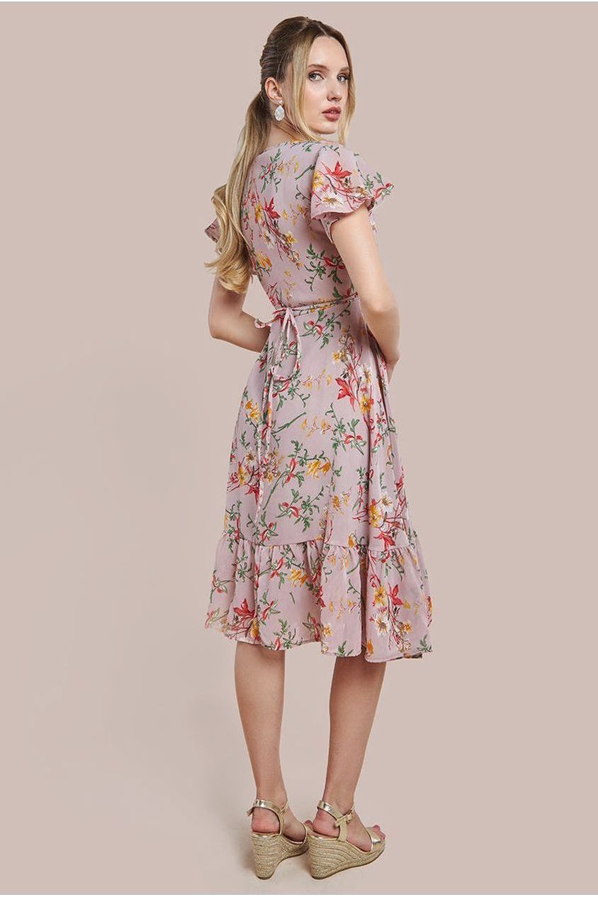 Wrap Flutter Sleeve Floral Midi Dress - Beige DR3500