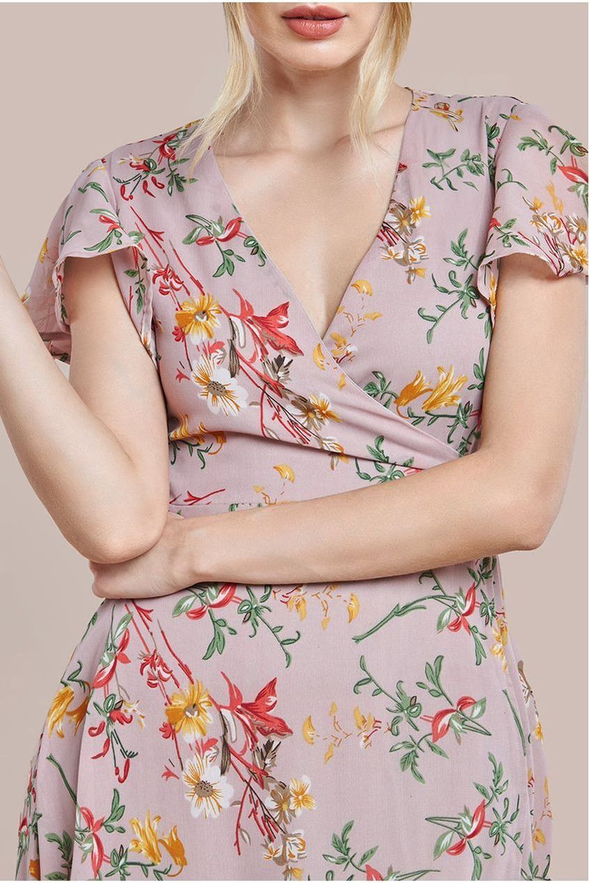 Wrap Flutter Sleeve Floral Midi Dress - Beige DR3500