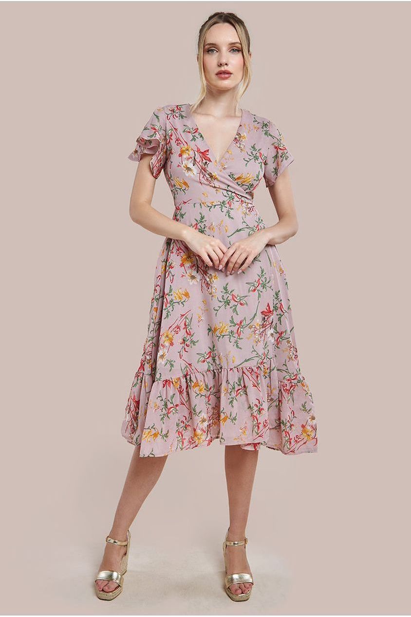 Wrap Flutter Sleeve Floral Midi Dress - Beige DR3500