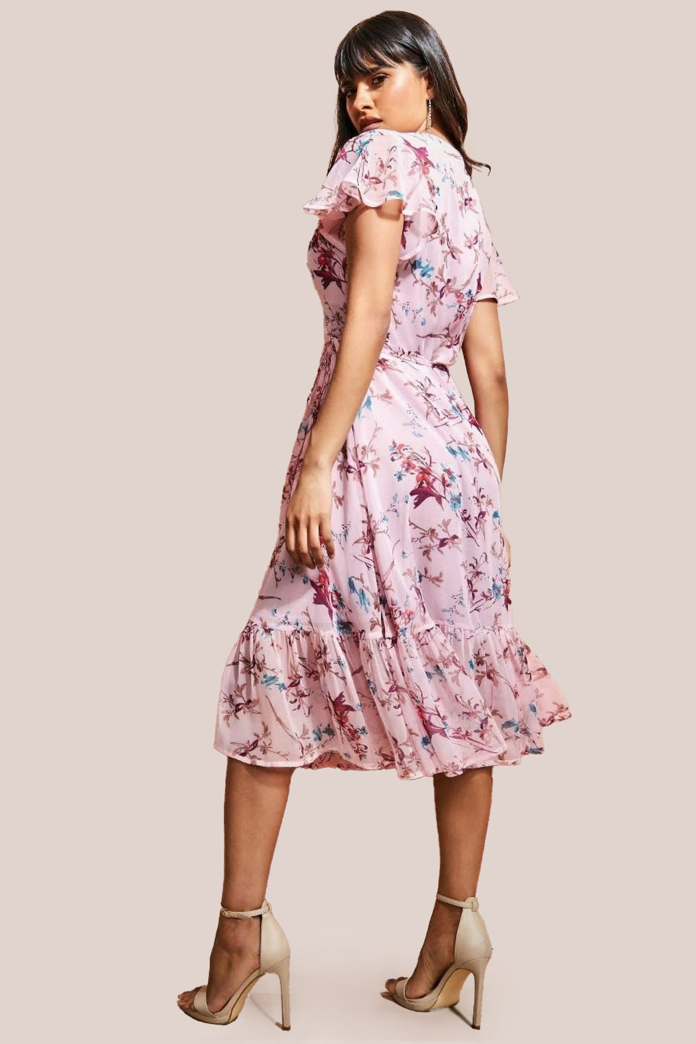 Wrap Flutter Sleeve Floral Midi Dress - Peach DR3500