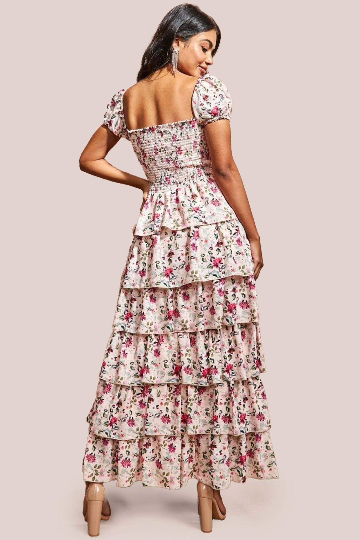 Layered Dipped Hem Floral Maxi - Beige DR3506