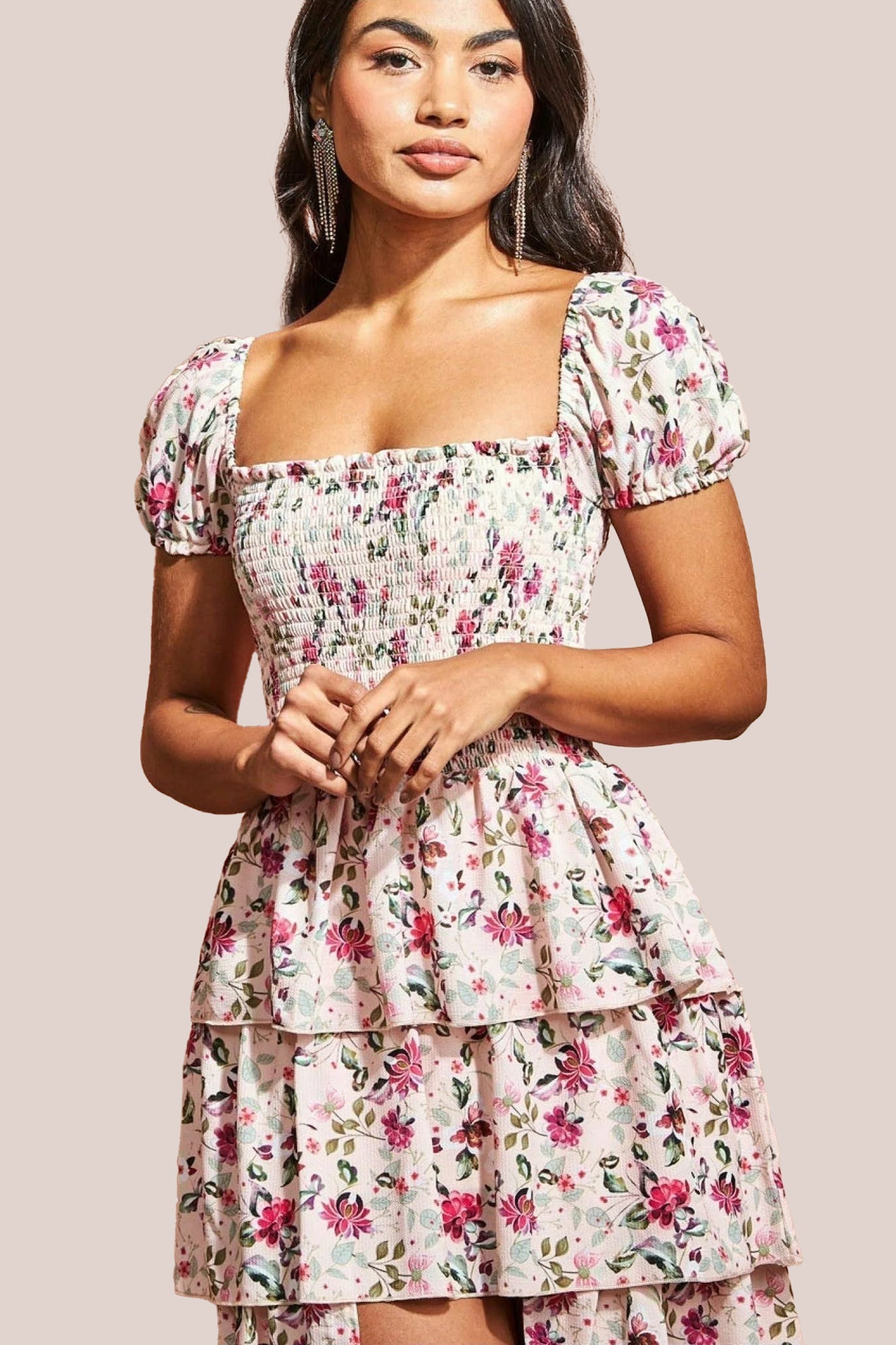 Layered Dipped Hem Floral Maxi - Beige DR3506