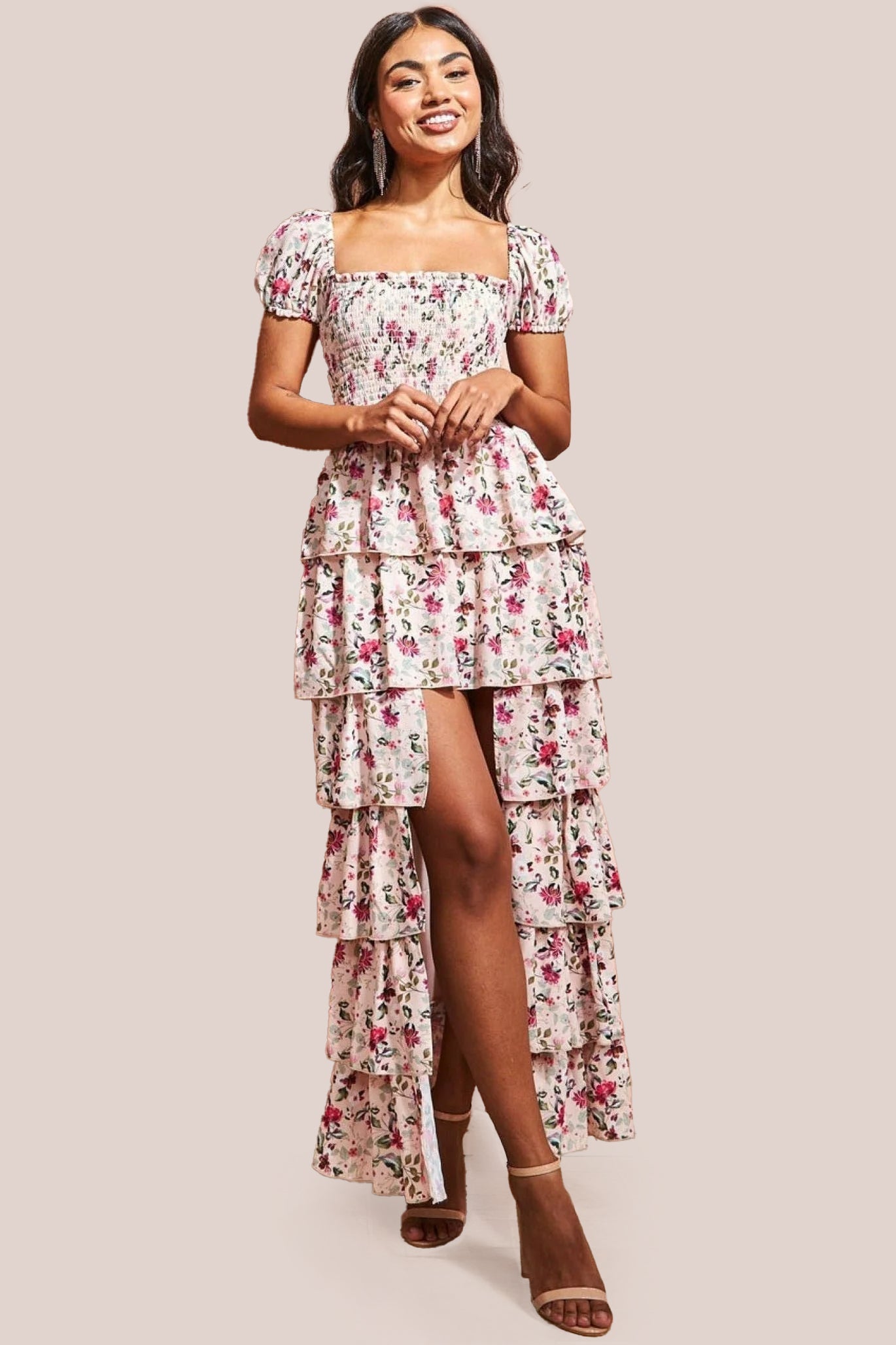 Layered Dipped Hem Floral Maxi - Beige DR3506