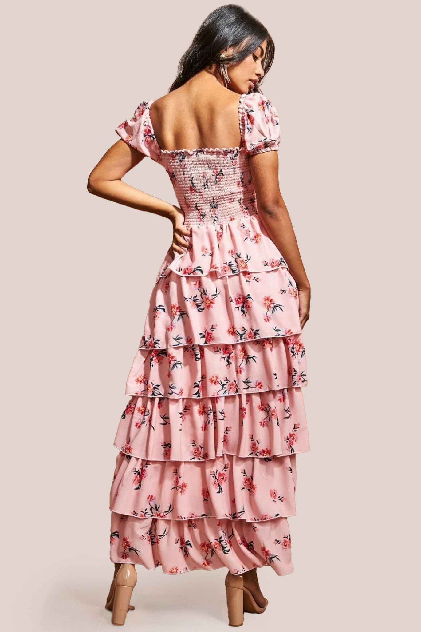 Layered Dipped Hem Floral Maxi - Peach DR3506