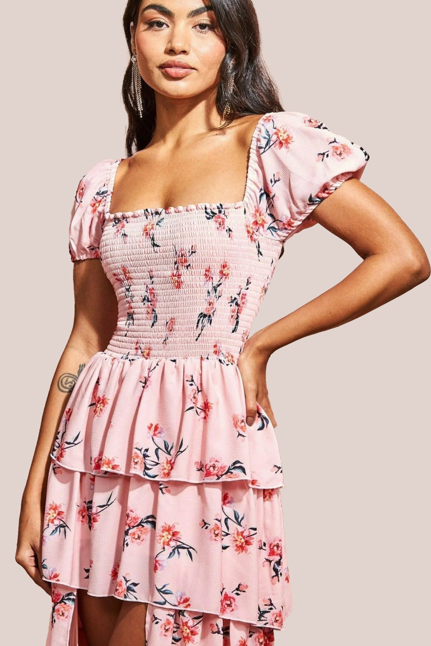 Layered Dipped Hem Floral Maxi - Peach DR3506